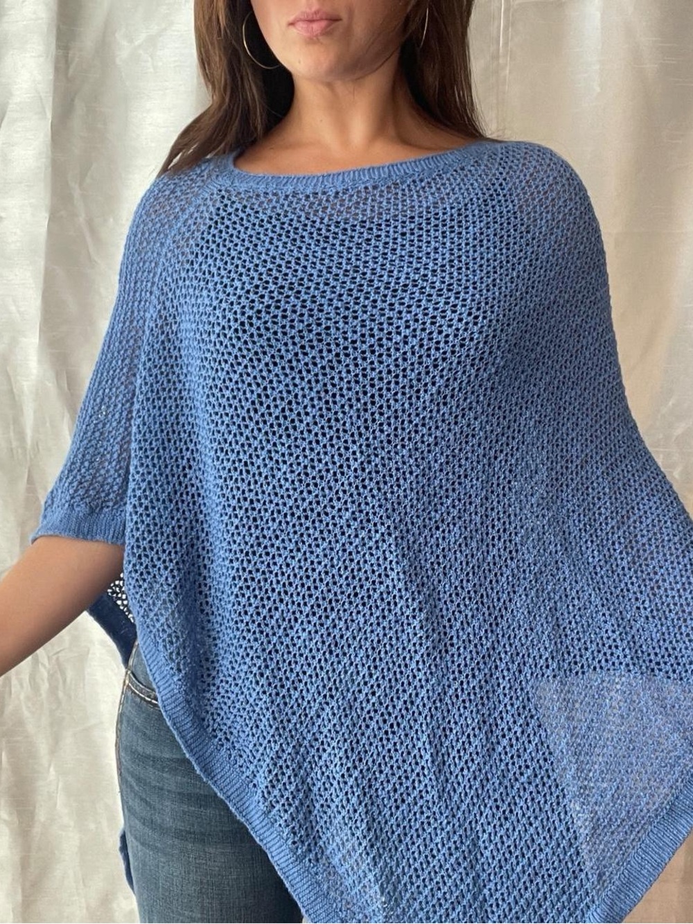 J Jill Poncho Small Blue Open Knit Cotton Linen Crochet Boho Cottagecore Coastal